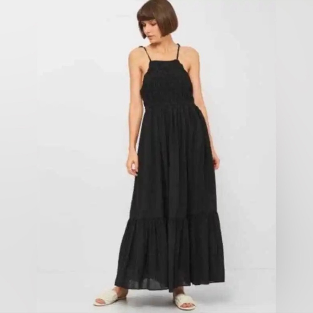 Zara Black Textured Tie Strap Maxi Dress Size:S NWT